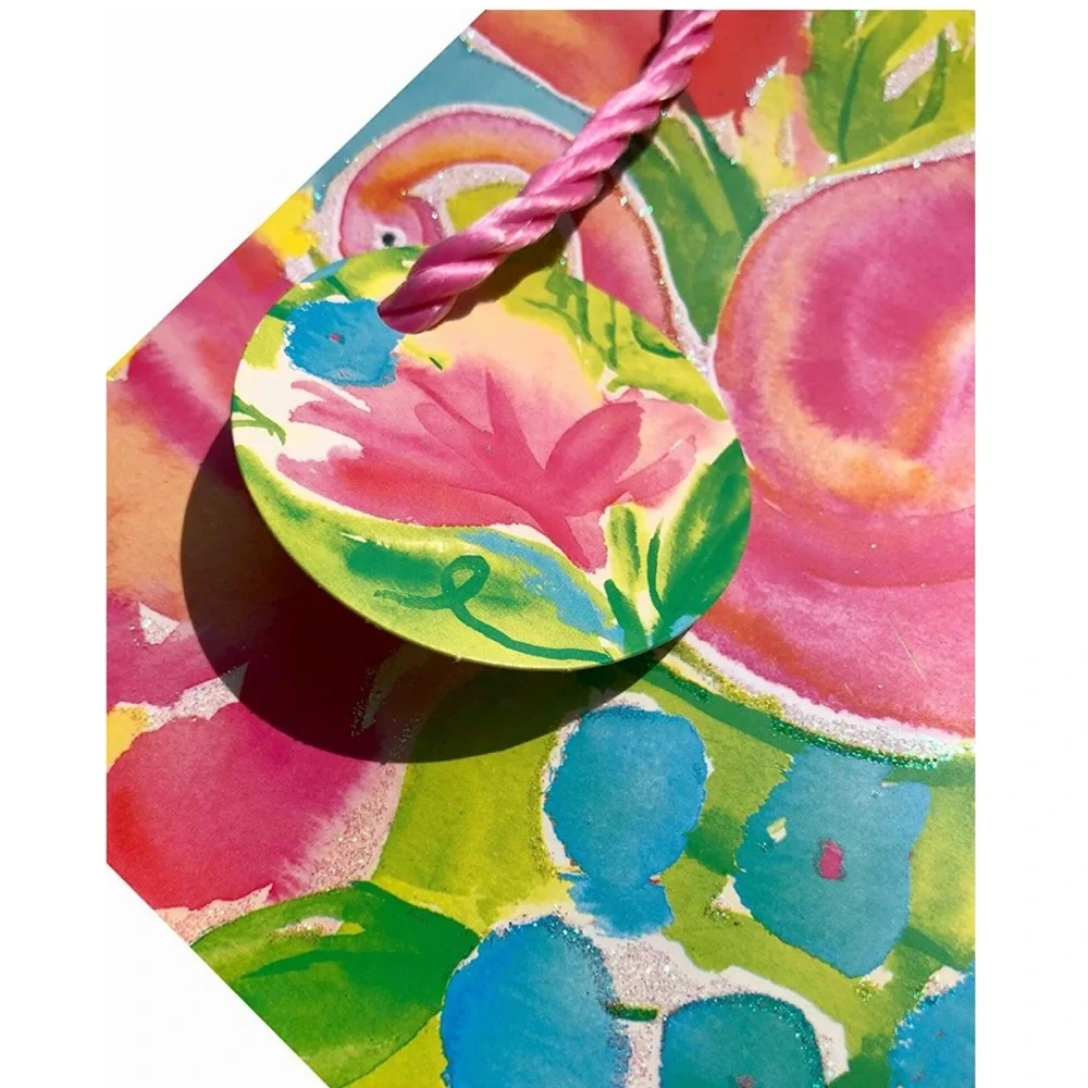 Glitter Embellished Bright Watercolor Pink Flamingo Gift Bags, Set of 2 (Sm/Med)